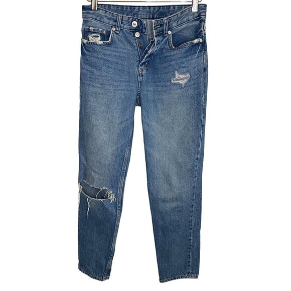 & Denim Distressed Boyfriend Low‎ Waist Button Fly Jeans Sz 24 Y2K Retro School - Picture 1 of 8